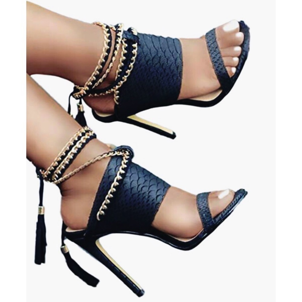 Chain bandage double tassel stiletto sandals